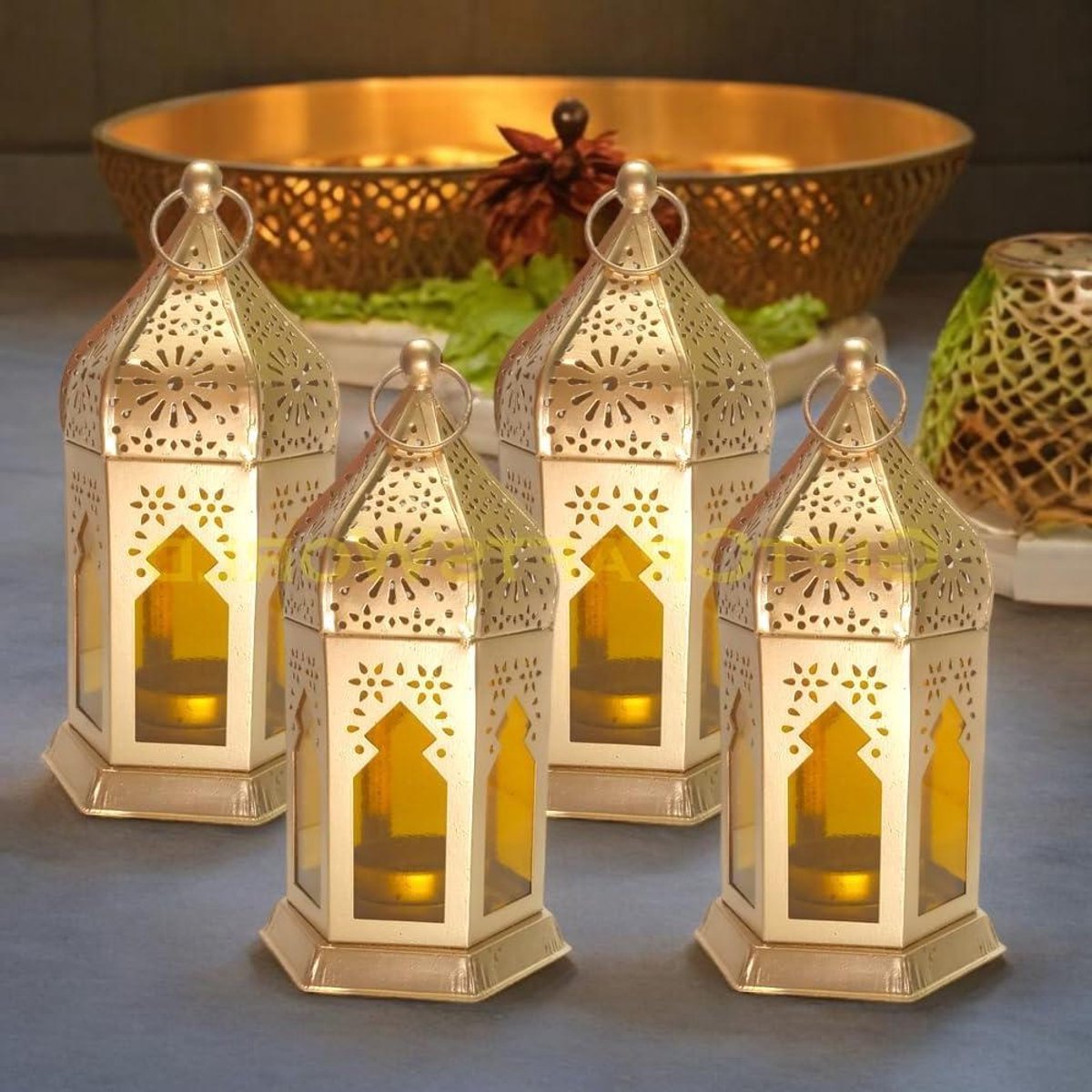 Marokkaanse Lantaarns - Decoratieve Kandelaars - Woondecoratie Verfraaien - Kleurrijk Glazen Venster - Set van 4 - Goud