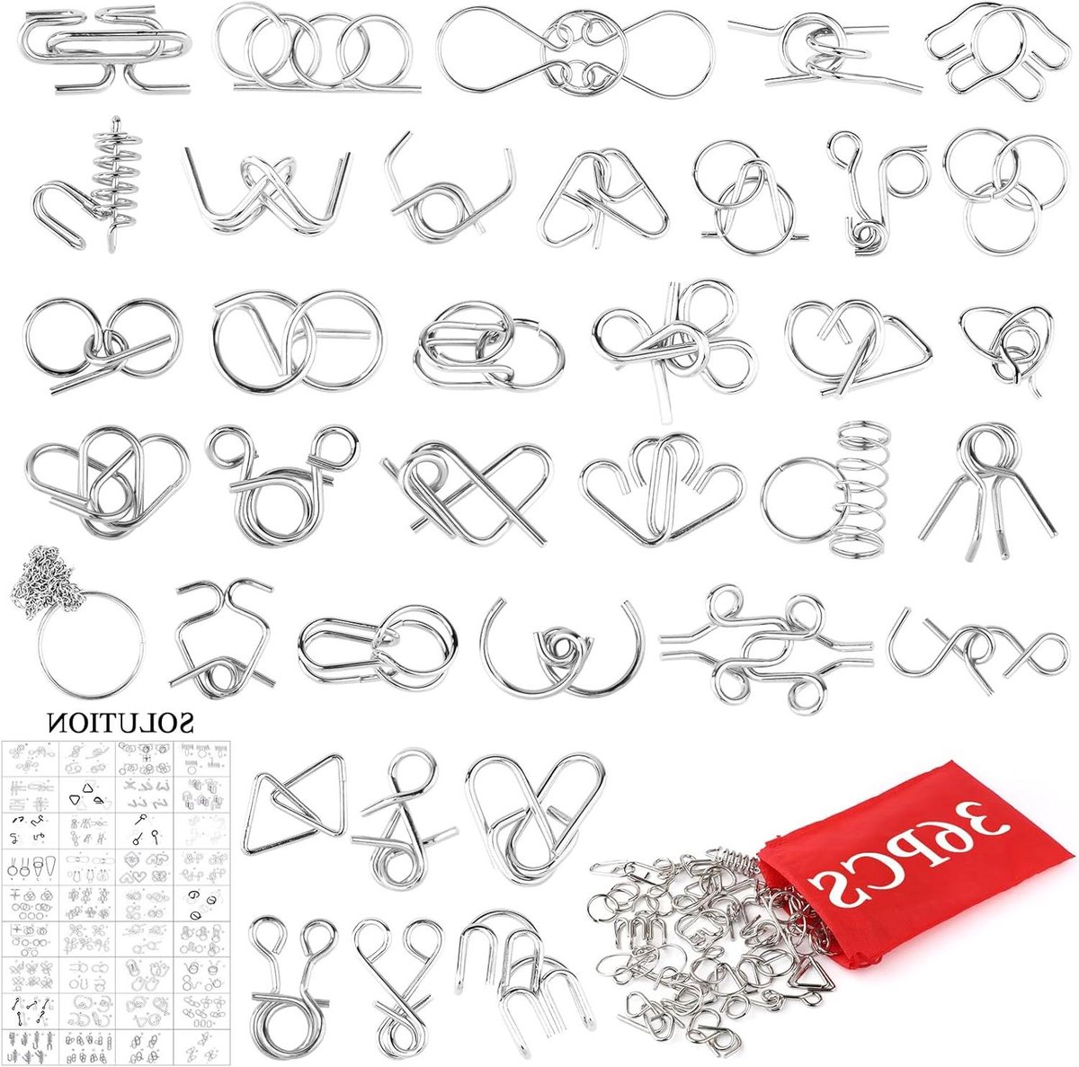 Geduldspel Set - Hersenkrakers Puzzels - Mentale Training - 36 Unieke Designs - 520 g - Zilver