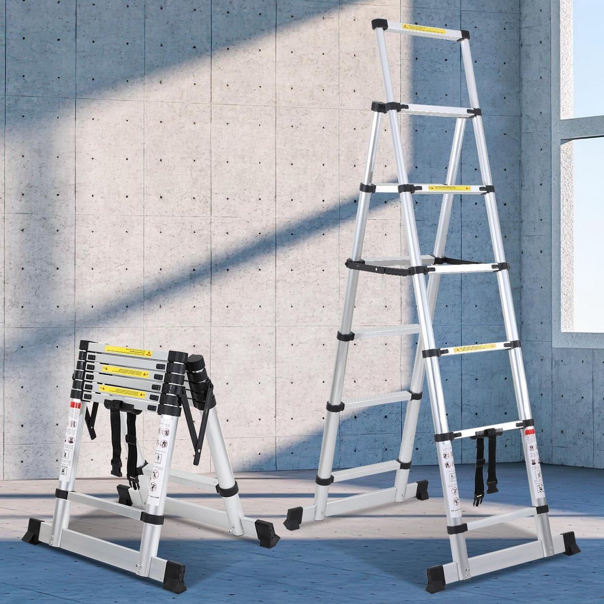 Telescopische Ladder - Vouwladder A-frame - Dakreparaties Uitvoeren - Veiligheidsvergrendeling - 1.7m + 2.0m - Aluminium