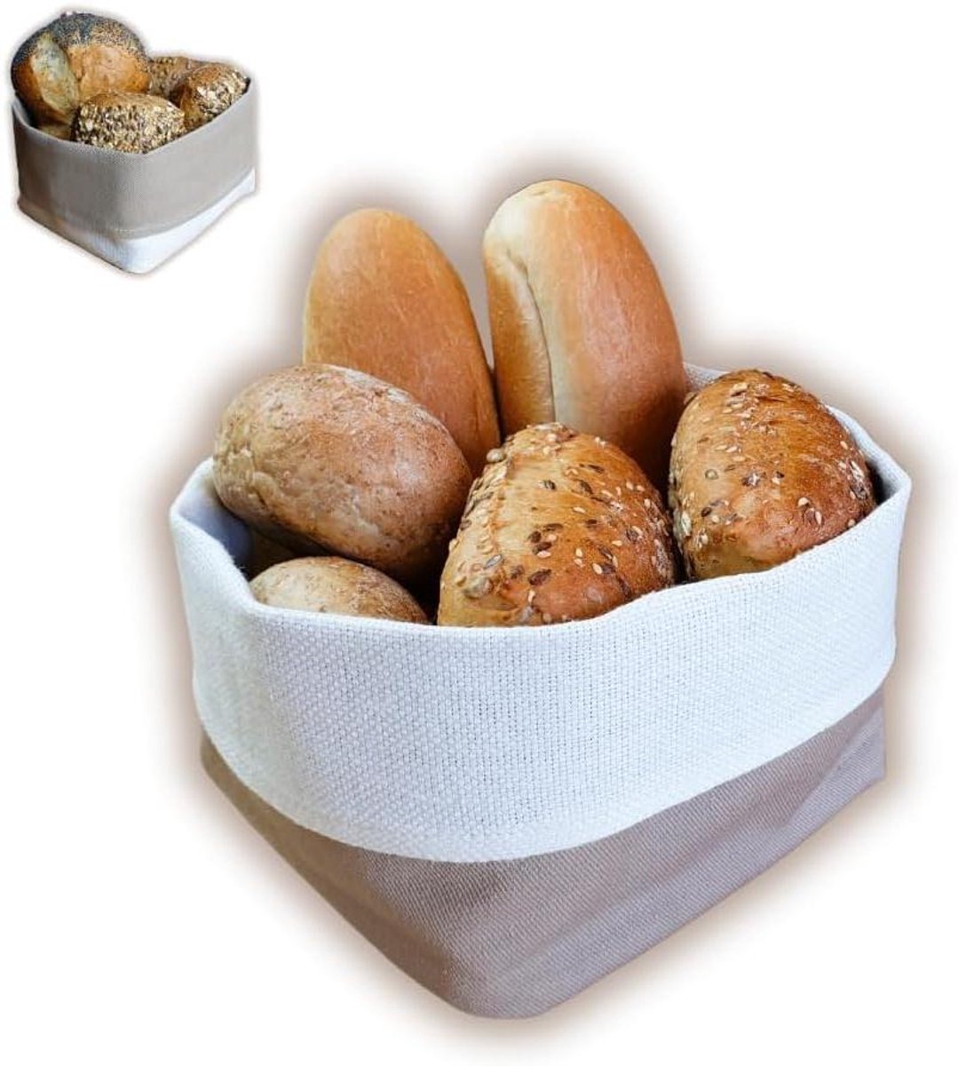 Stoffen Broodmand - Broodzak Broodhouder - Brood Serveren - Dubbelzijdig Ontwerp - 12.5 x 12.5 x 10 cm - Natuur