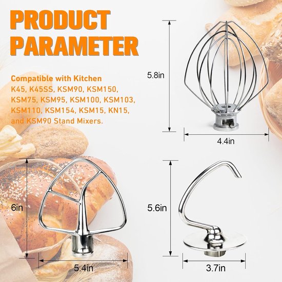 Mixer Accessoireset Roestvrij Staal: Garde, Deeghaak en Platte Klopper voor Keukenmixer van KitchenAid — afbeelding 2