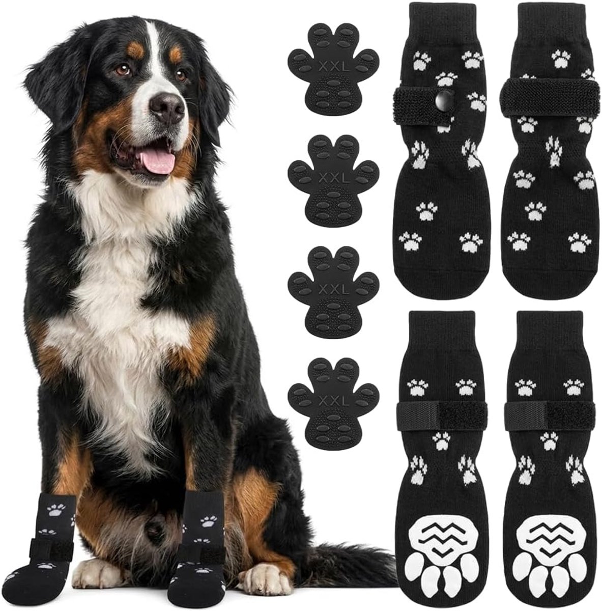4 stuks hondensokken antislip voor honden en katten, pootbescherming hond met verstelbare riemen, hondenschoenen voor binnen en buiten waterdicht, huisdiersokken lekbescherming (zwart, M)