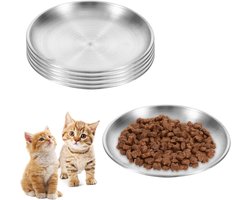 Set van 6 platte kattenvoeders, roestvrijstalen kattenkommen, antislip kattenbak, hygiënisch en gemakkelijk schoon te maken voor droog voer