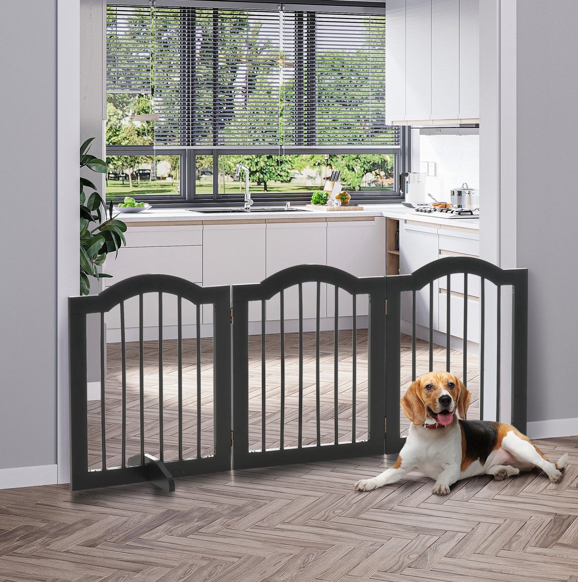 MIVRAY Hondenhek – Opvouwbaar En Stabiel Met Steunpoten – 154,5 X 61 Cm – Hout En MDF – Zwart – Voor Deur, Gang En Trap