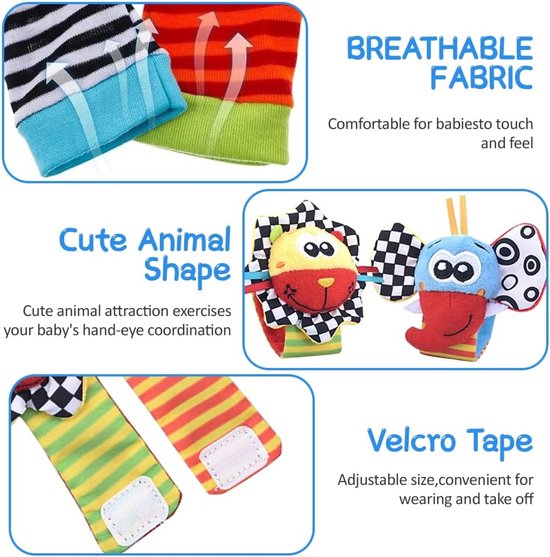 Babyspeelgoed Rammelaarsokken - Voetvinders Baby - Baby Ontwikkeling - Zachte Stoffen Materialen - 4 Stuks - Meerkleurig — afbeelding 5