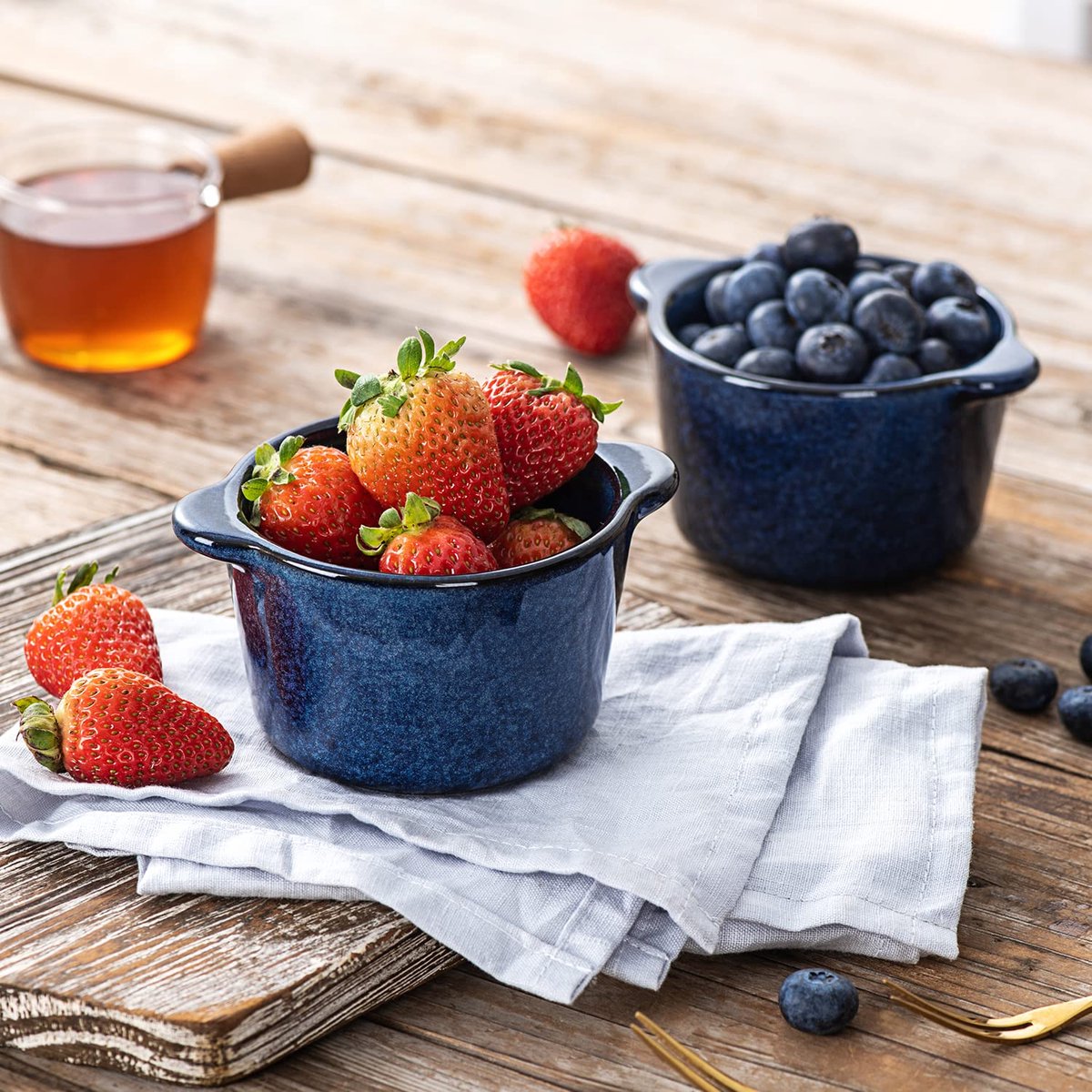 Allecto plus - Keramische kommen voor creme brulee - Mini custard cups 6 oz - Ovenkluiskommen soufflé gerechten voor het bakken - Individuele braadpan dipsaus - Blauw - Bakvormen set van 6 — cadeau in Kookcadeaus - foto 2