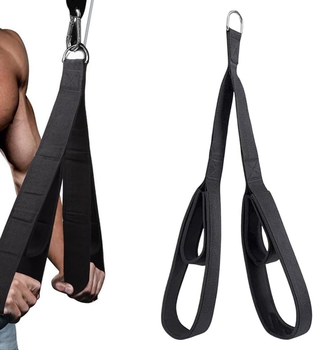 Tricepstouw voor Kabels - Fitness Touw - Kracht Training - Ergonomische Handgrepen - 74 cm - Zwart