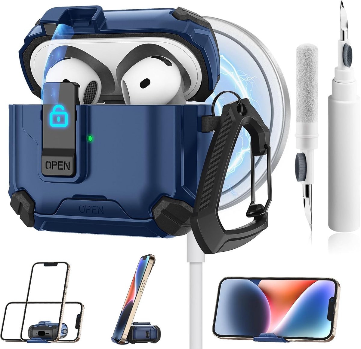 AirPods 4 Hoes met Telefoonhouder en Magnetische Oplaadfunctie - Automatische Sluiting, Volledige Bescherming en Reinigingsset voor AirPods 4 Gen 2024