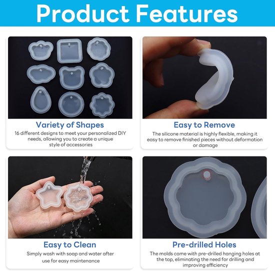 16-delige epoxyhars mal hangerset, gietvorm siliconen epoxyhars, hars siliconen mal voor sleutelhangers, hangers, sieraden, doe-het-zelf decoratie — afbeelding 2