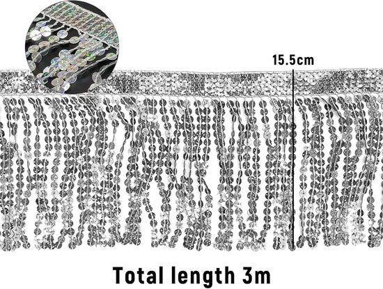 3 m paillettenlint met franjes voor knutselen, kledingdecoratie, gordijnen, tassen, handwerk (zilver) — afbeelding 4
