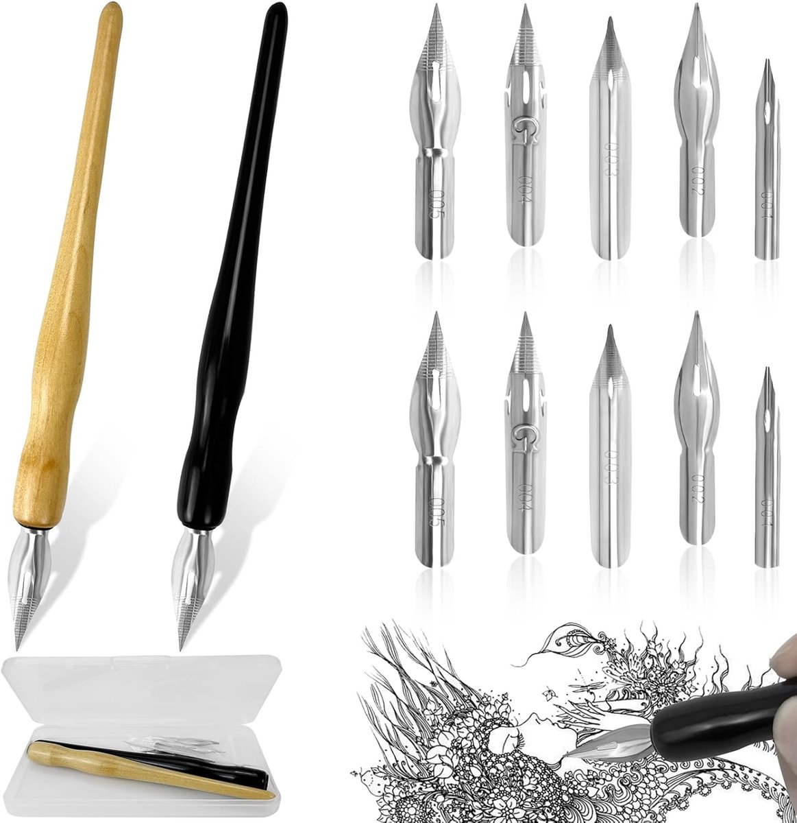 Veerhouders en houderset, veerhouder, 125 mm tekening, strippen, penpunt, kalligrafie, stiftset met 5 verschillende veren, pennenhouder voor strips, kalligrafie (2 kleuren)