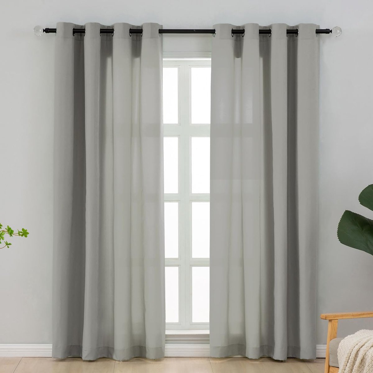 Gordijnen, grijs, ondoorzichtig, 70% lichtdoorlatend, gordijn voor slaapkamer en woonkamer, privacy, dunne katoenlook, gordijnen met oogjes, 225 cm lang, effen, lichtgrijs