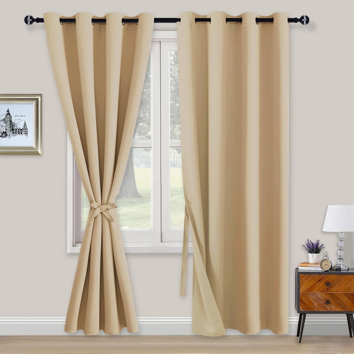 Ondoorzichtige gordijnen, verduisteringsgordijnen met inslagringen, 2 stuks, gordijnen met gordijnhouder, ondoorzichtige gordijnen voor slaapkamer, woonkamer, kantoor, 214 x 132 cm, beige