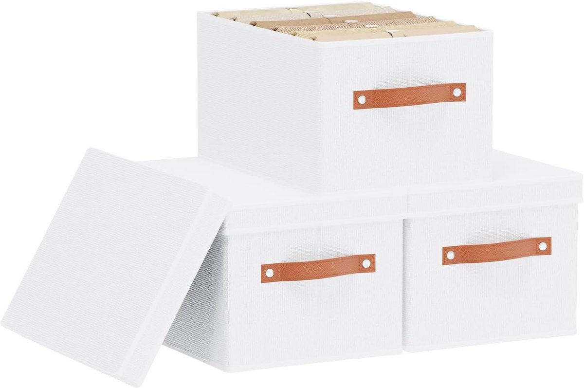 Opbergdozen met deksels, plankbakken met handgrepen, opvouwbare kubus organizer mand voor organisatie, linnen kleding, planken organizer, wit, 33 × 23 × 18 cm, 3-pack