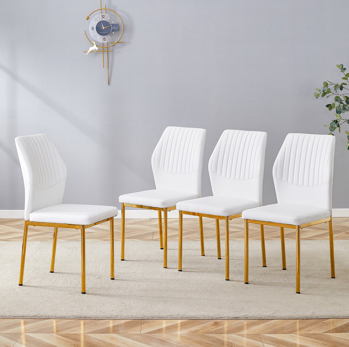 DESMIU Eetkamerstoel 93 Cm - Set Van 4 - Wit Pu Leer Met Goud Metalen Poten En Verticaal Gestreepte Rugleuning - Voor Eetkamer En Woonkamer