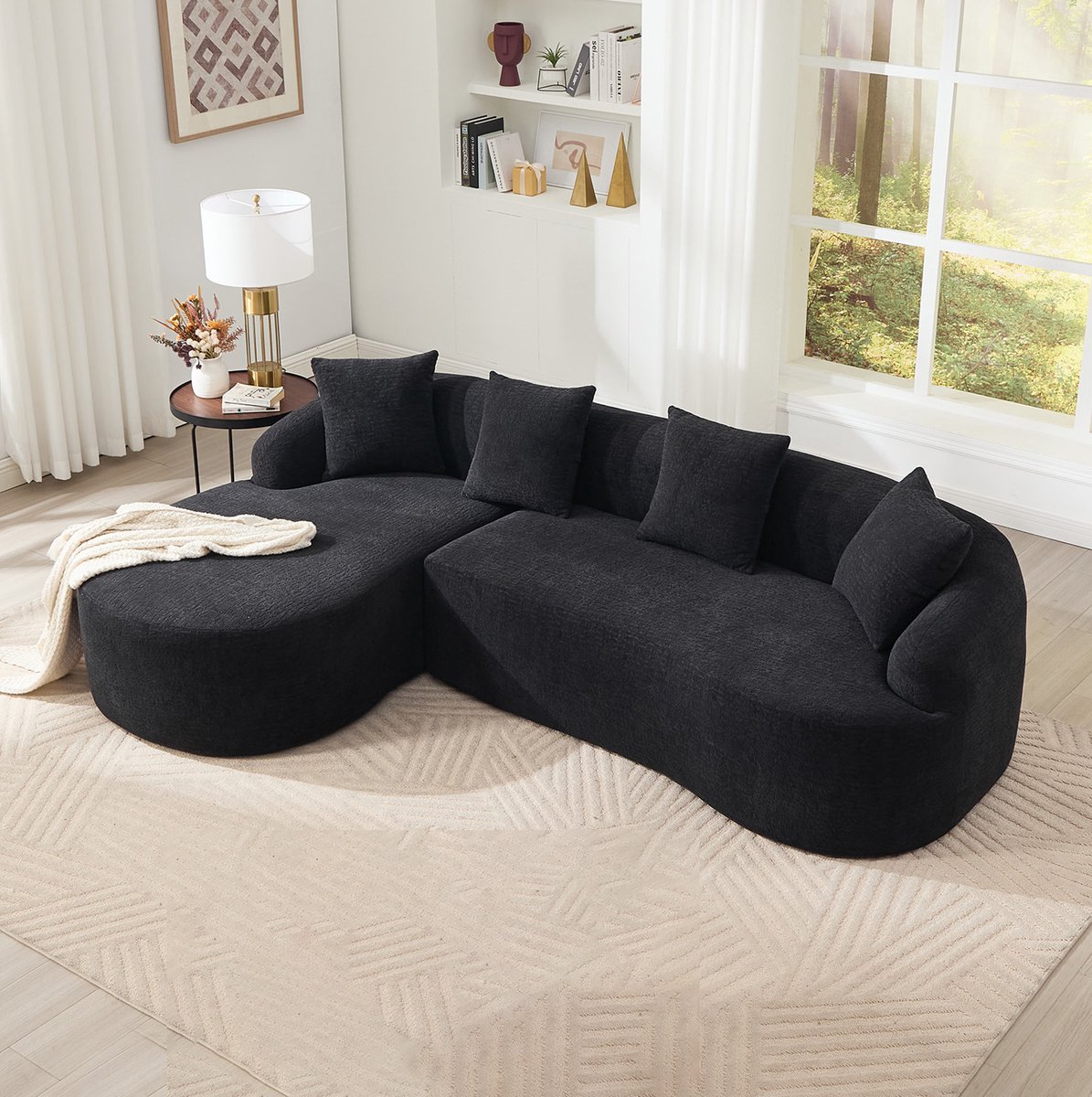 FloraGrace Hoekbank 243 x 150 x 67 cm - 3-Zits L-Vormig Curved Design Met Linkse Chaiselongue - Modulair En Gereedschapsvrij - Chenille - Zwart