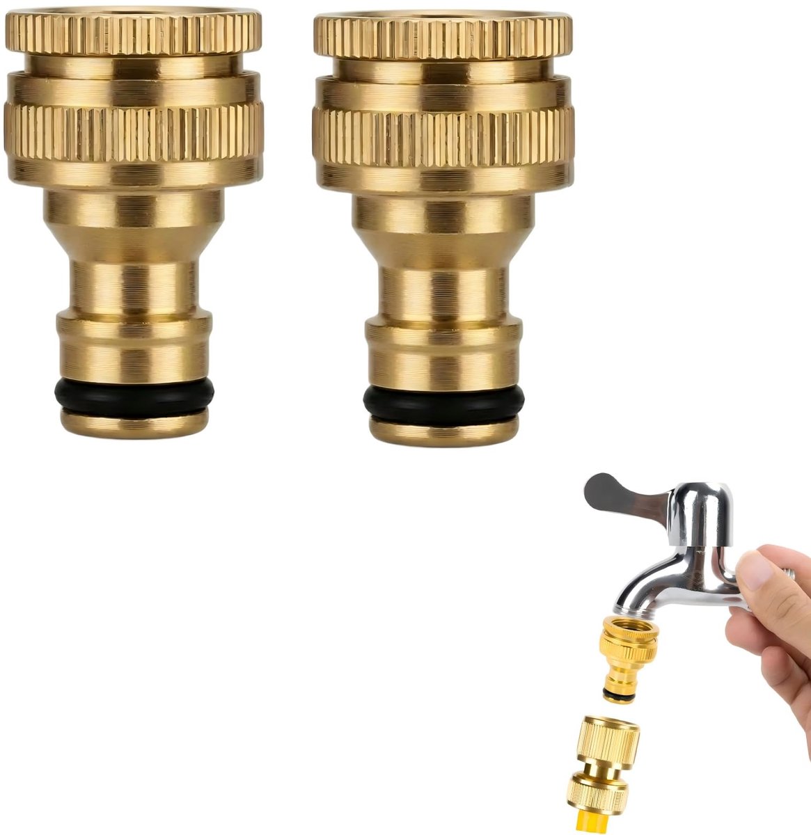 2 stuks messing tuinslang, 1/2 inch en 3/4 inch, 2-in-1 vrouwelijke schroefdraadkraan, adapter, mannelijke slangkraan, verbindingsstuk voor tuinslangen, irrigatiesystemen (messing)