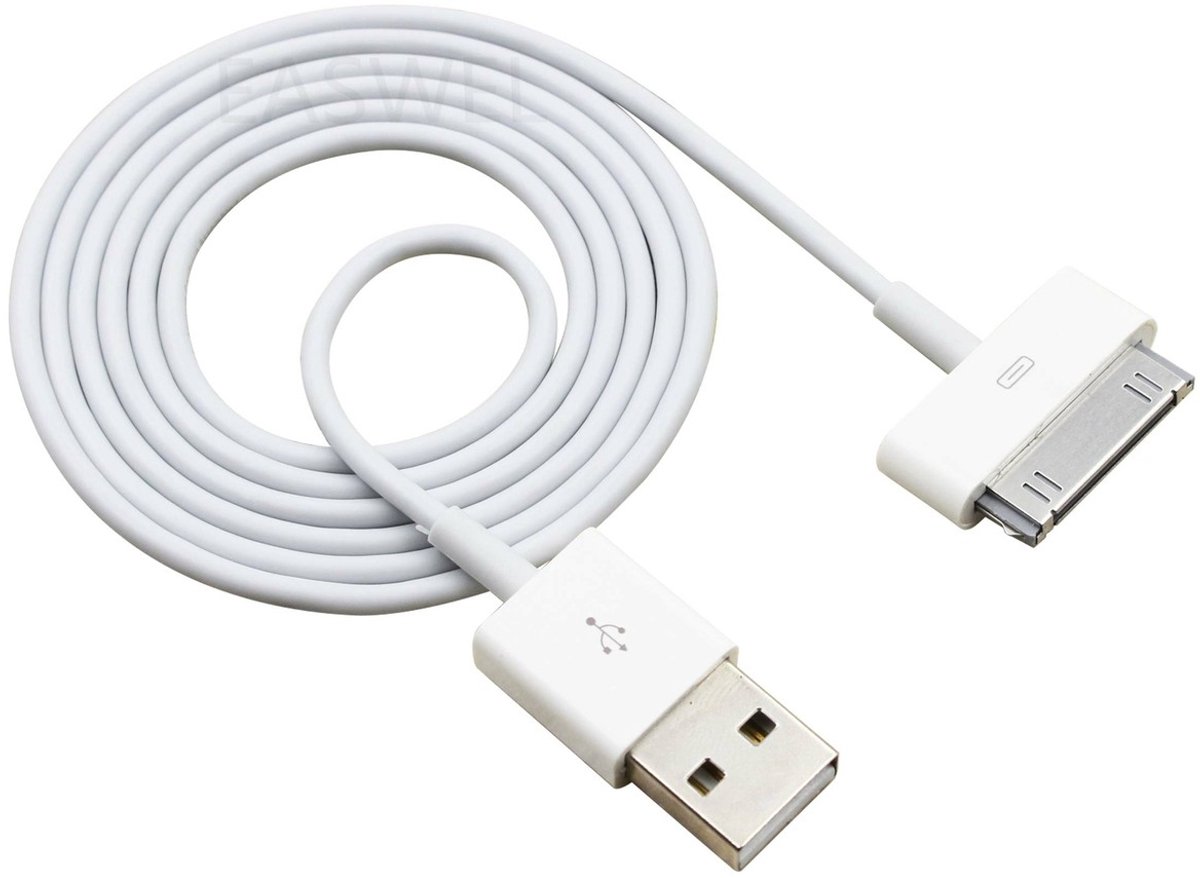 Oplader geschikt voor iPad 4/3/2 & iPhone 3/4 - Oplaadkabel - 30 pins connector - 30 pins naar USB snoer - Charging cable - 1 meter - Wit - Jonyx