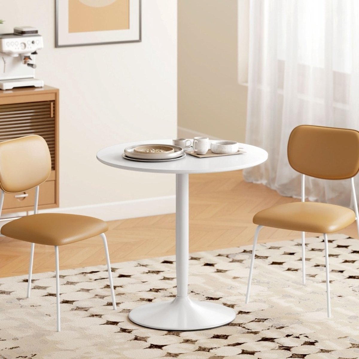 MEUNIQ ronde eettafel Ø80 x H75 cm voor 2 personen, wit, MDF tafelblad met gelakte afwerking, stalen onderstel met antislip, voor keuken en eetkamer