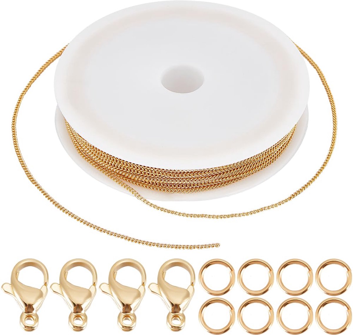 Schakelketting van 18 karaat verguld messing 1,8 mm ovale grove schakelketting met 20 karabijnsluitingen en 50 buigringen voor het maken van sieraden