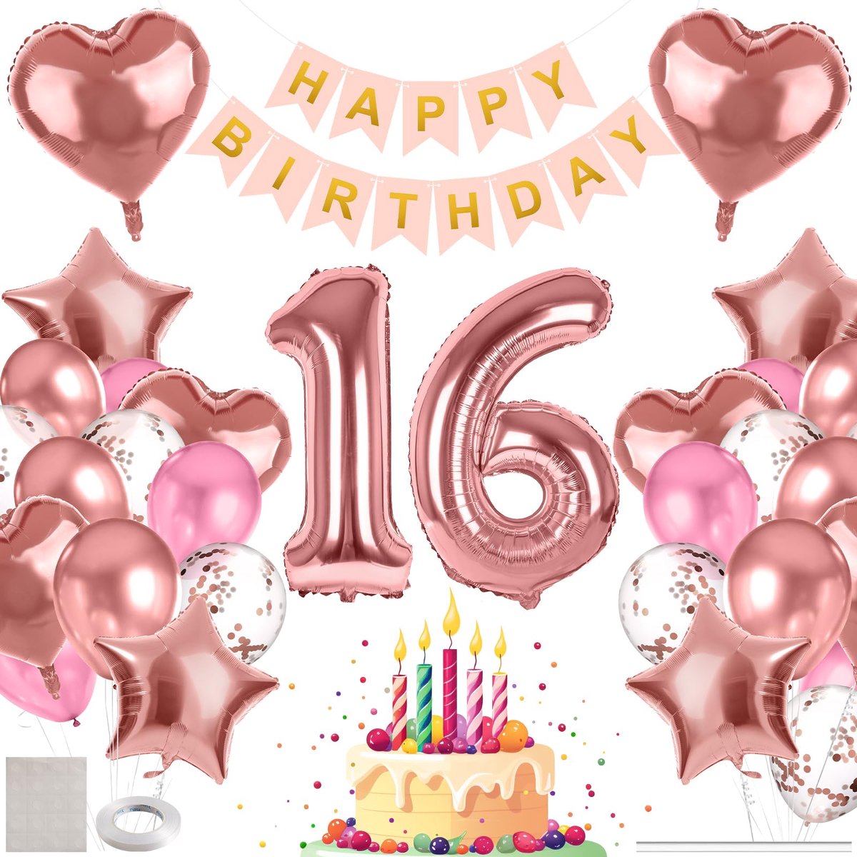 16e verjaardag meisjes, Sweet 16e verjaardag ballonnen, verjaardagsdecoratie 16 jaar met Happy Birthday-banner, groot cijfer 16 folieballon, hart, ster, folieballon, latex