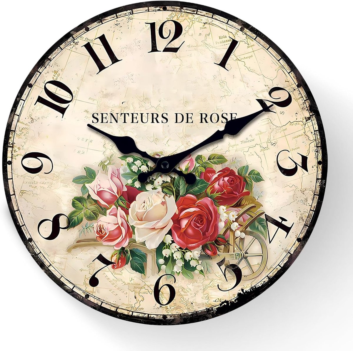 Retro Wandklok 30 cm - Stille Houten Klok met Bloemmotief voor Woonkamer, Slaapkamer en Keuken, Eenvoudig Afleesbaar en Vintage Design