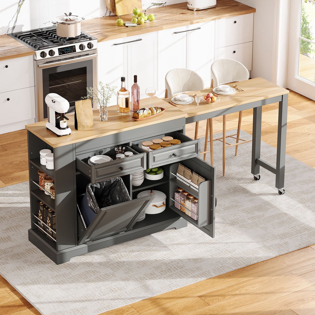 Sweiko Dressoir - Keukeneiland - Uitschuifbare bartafel - Met wieltjes - Met afvalbakvak - 2 lades - Grijs + Natuurlijk