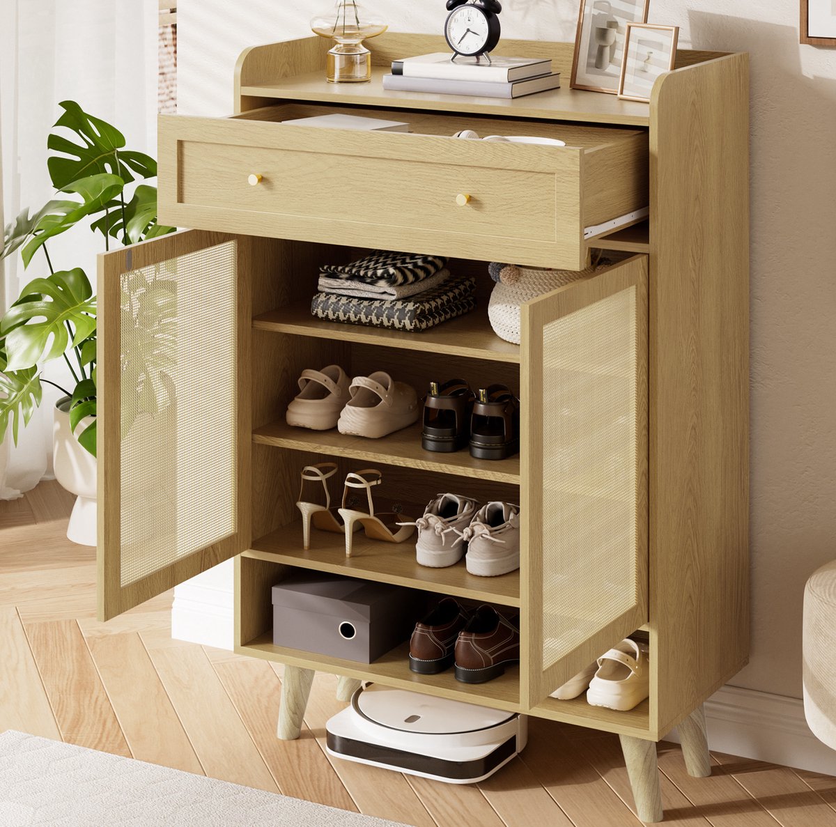 MIVRAY Schoenenkast - Staande Opbergkast Met 2 Deuren En Lade - Voor Hal En Woonkamer - Spaanplaat En Hout - 80x105x35 Cm - Licht Eiken