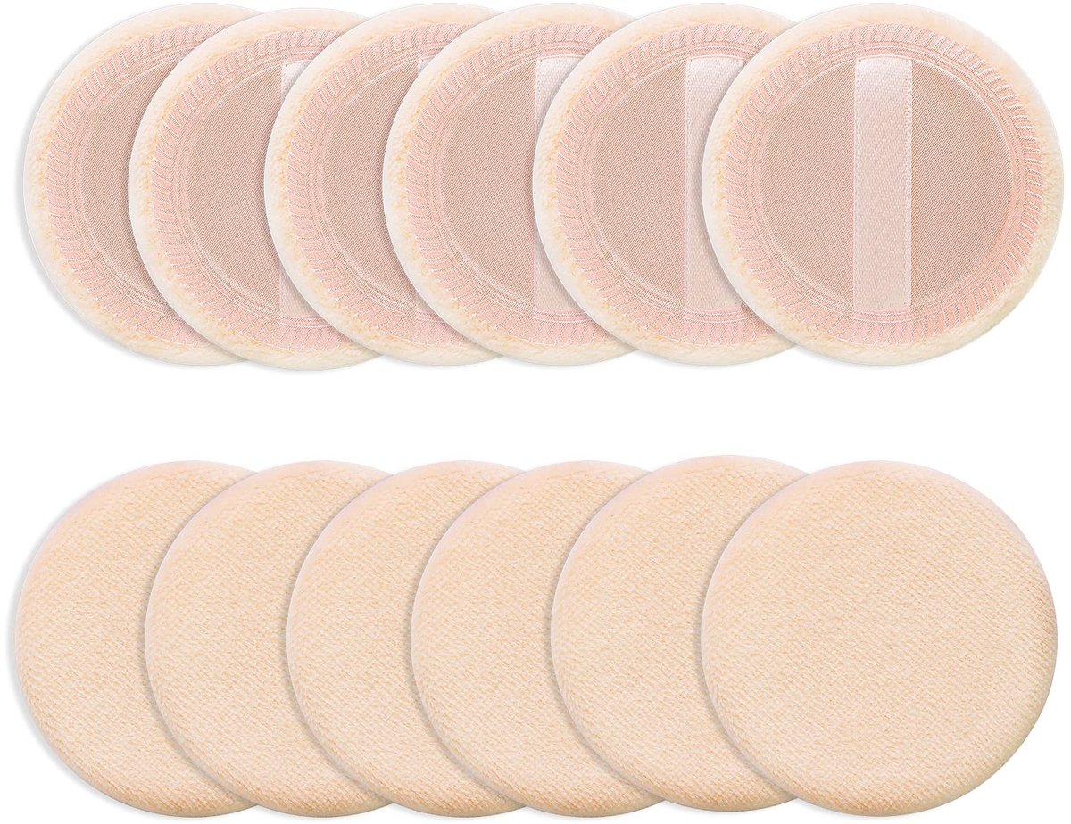 Losse poederdonsje 12 stuks ronde velours gezichtsmake-up compacte body container instelling geperst mengen foundation crème make-up lint riem spons kussen applicator (Beige)