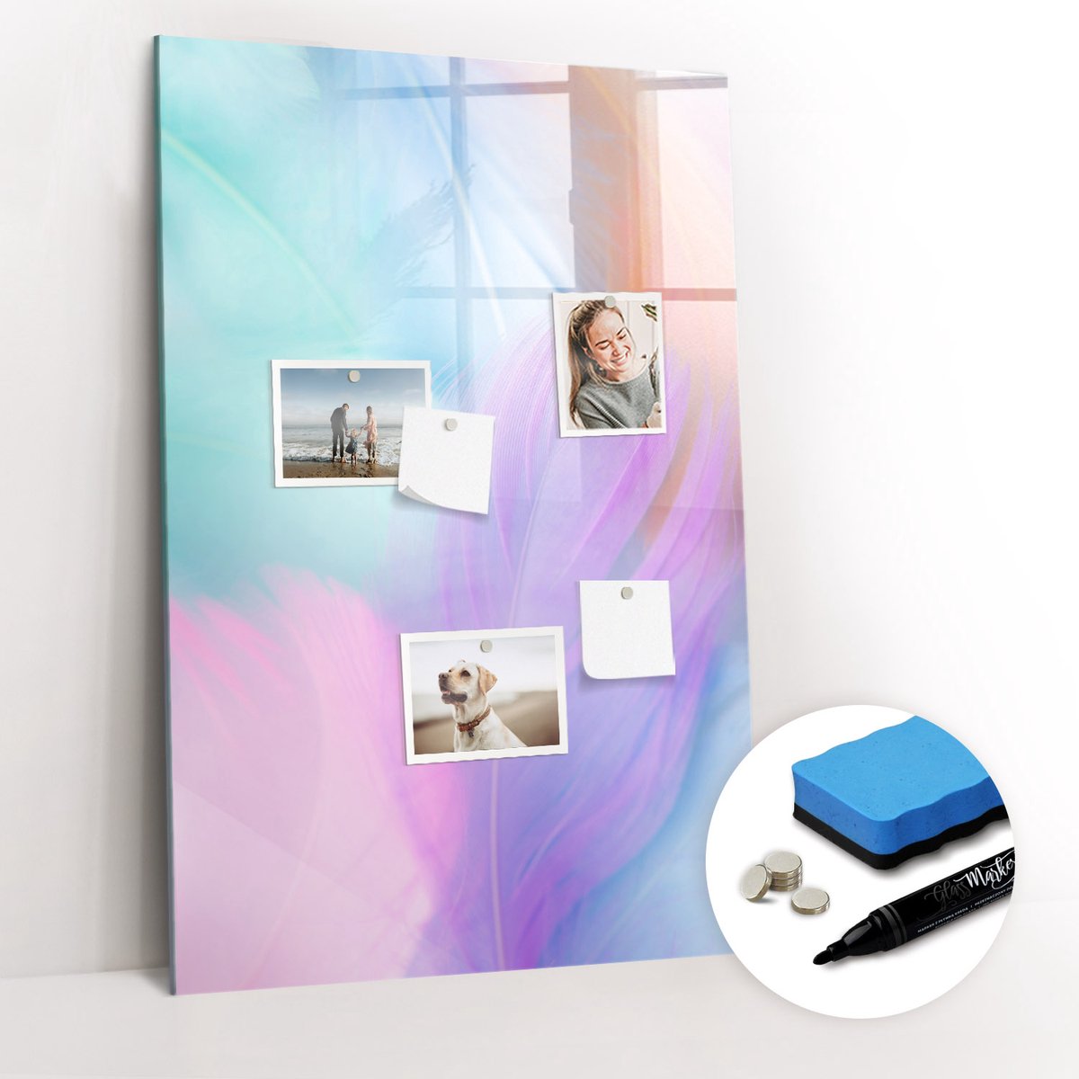 Tulup Whitebord - Pastelkleurige veren - 60 x 90 cm - Veelkleurig Memobord Keuken - Gratis 5 Sterke Magneten + Whiteboard Marker & Wisser - Wanddecoratie Kantoor - Memobord Glas - Inspiratiebord Kantoor