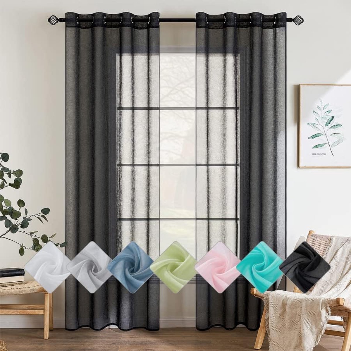 Kleur Pure Transparante raamgordijnen, glad, Panelen, Raamvitrage, Gordijnen, Elegante behandeling voor Slaapkamer, Woonkamer, Gordijnen met ringen, 2 panelen, 140 x 225 cm, Zwart