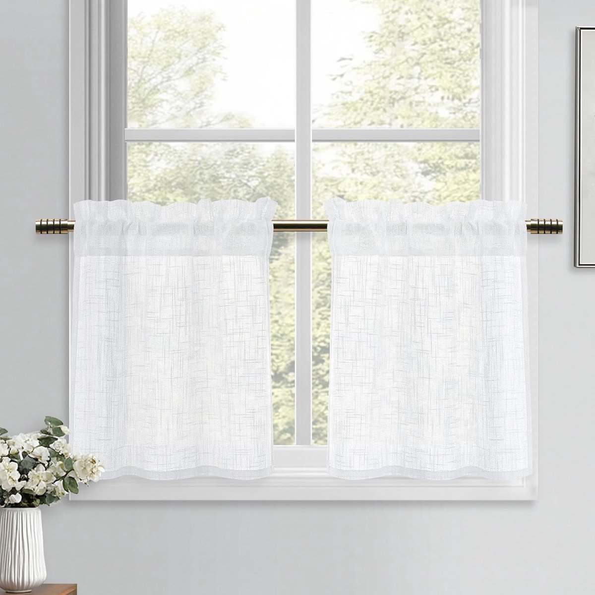Witte vitragegordijnen linnenlook gordijnen halftransparant gordijnen kort 2 stuks H45xB60cm moderne raamgordijnen voor keukengordijnen caravan kastgordijn woonkamer bistrogordijn landhuis