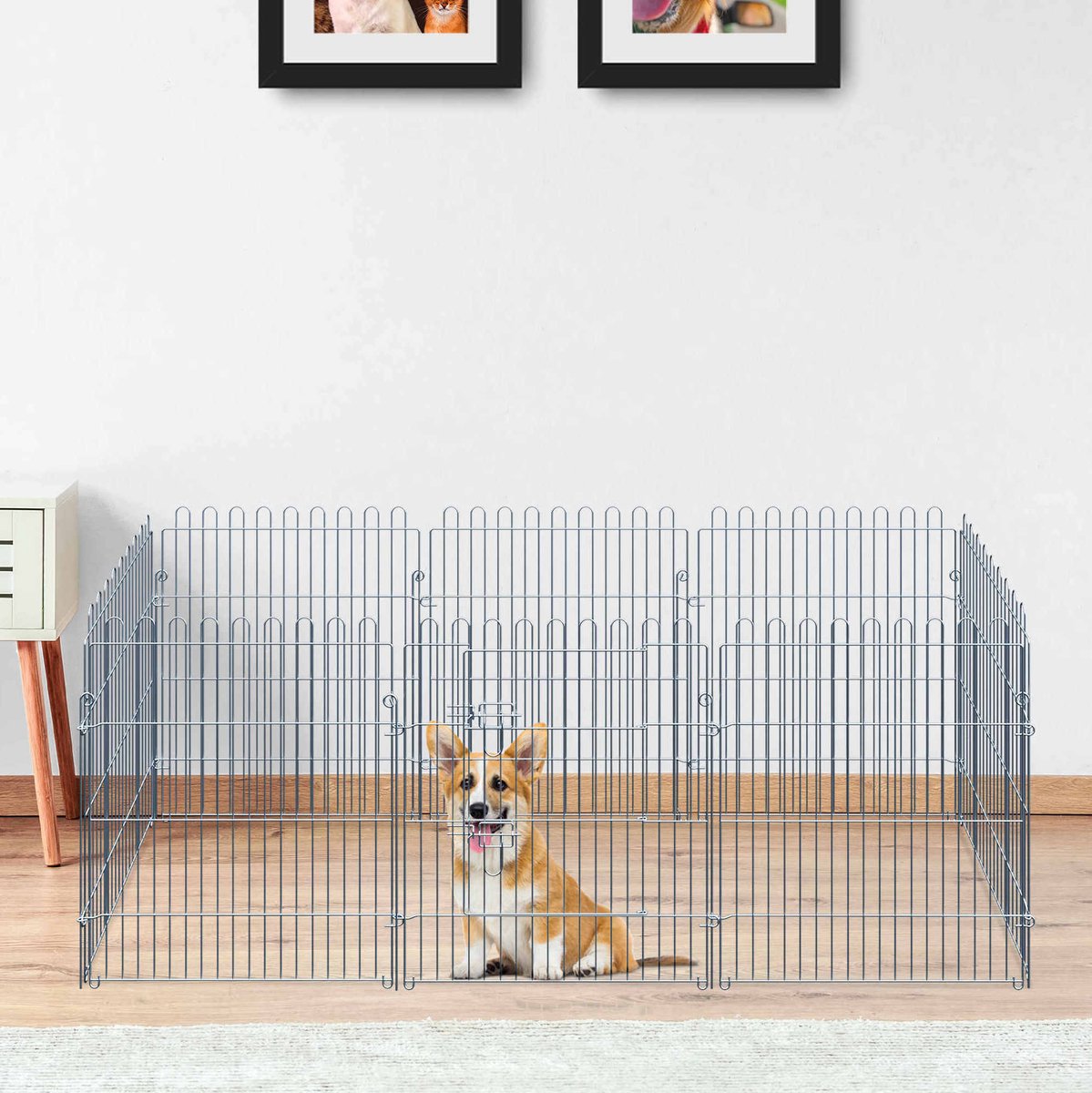 MEUNIQ puppyren 8-delig 63 x 76 cm per paneel met deur en bodemankers, stalen welpenuitloop voor buiten, opvouwbare en flexibel op te stellen dierenren in zilver