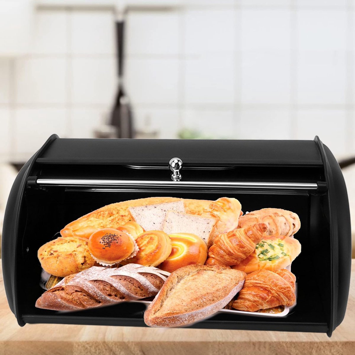 Broodtrommel van metaal, broodtrommel met kijkvenster, tafelopslag, keukenopslag, broodcontainer, opbergdoos voor brood, broodjes, koekjes (zwart)
