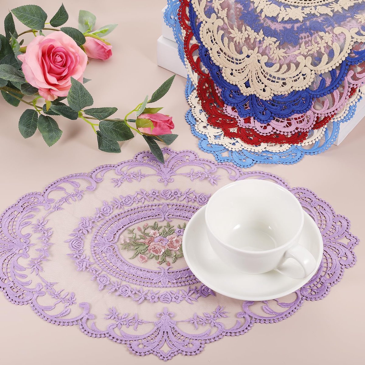 Retromatte kant, 30 x 40 cm, ovale geborduurde placemats, Franse gehaakte onderzetters, bekermat voor thuis, bruiloft, rozerood
