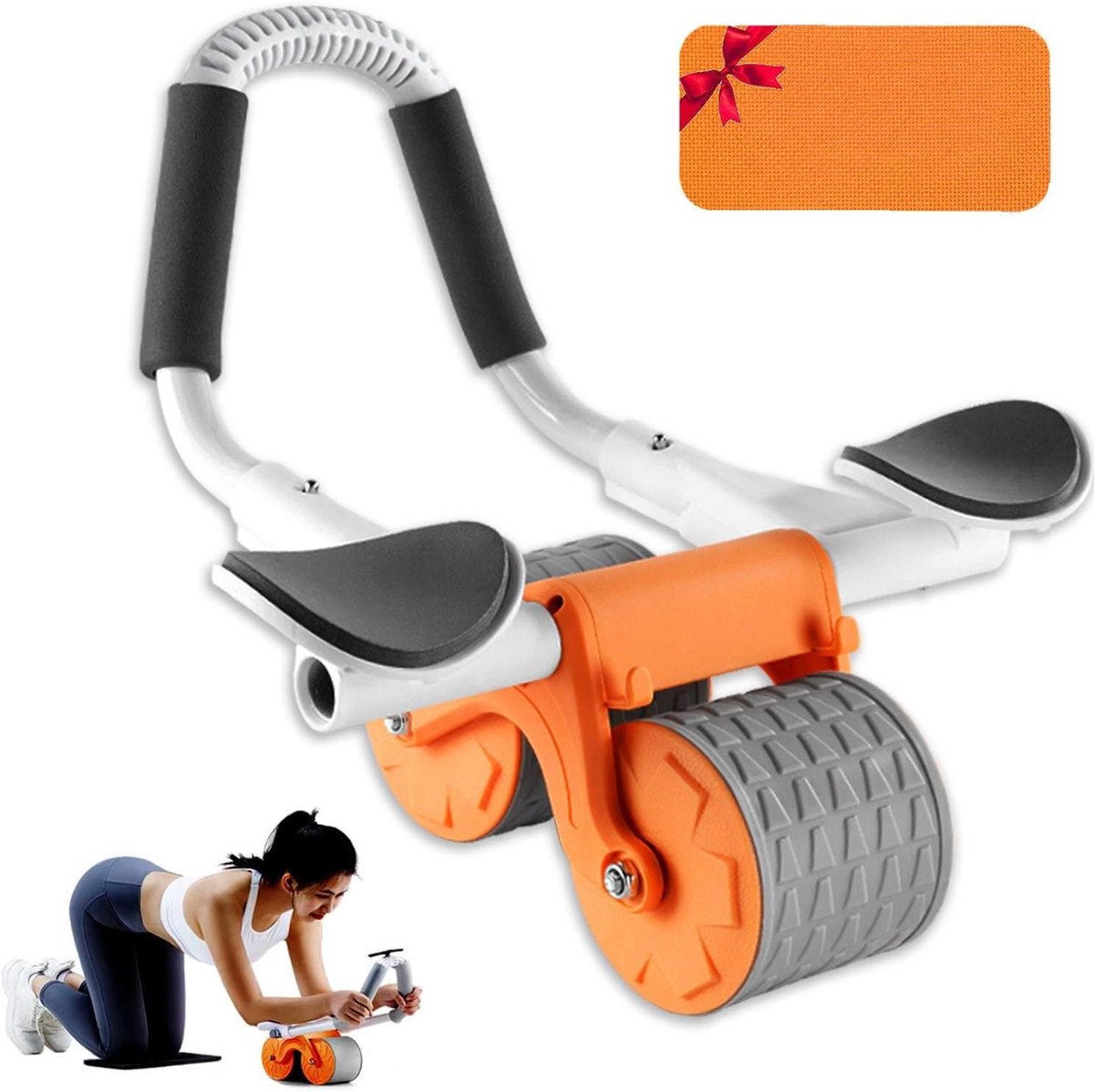 Buikspiertrainer Rol - Ab Wheel - Kracht Training - Automatische Terugslag - Met Knie Mat - Oranje