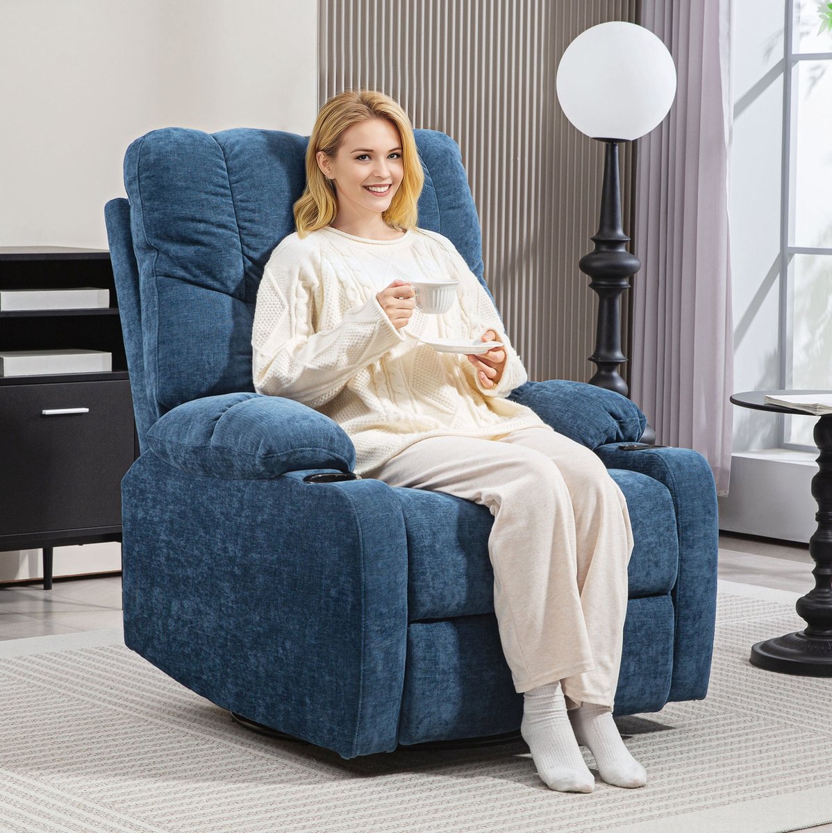 Wishdor - Relaxfauteuil - Handmatig verstelbaar - Draaibaar en schommelend - Moderne TV-fauteuil - Woonkamer - Stoffen bekleding - Blauw - 88 x 96 x 108 cm