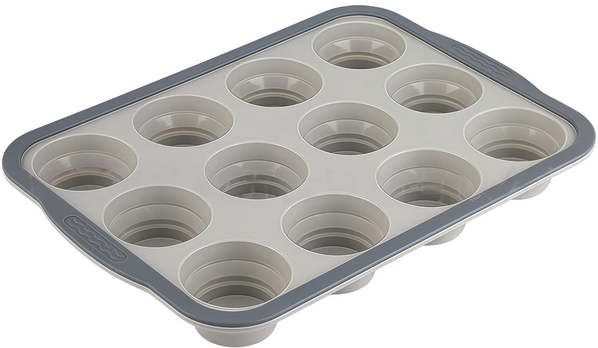 muffinpan met versterkt stalen frame, 12 kopjes standaardformaat cupcakebak, antiaanbaklaag en snelsluiting, BPA-vrij bakvormen, ovenbestendig tot 400 graden Fahrenheit, grijs