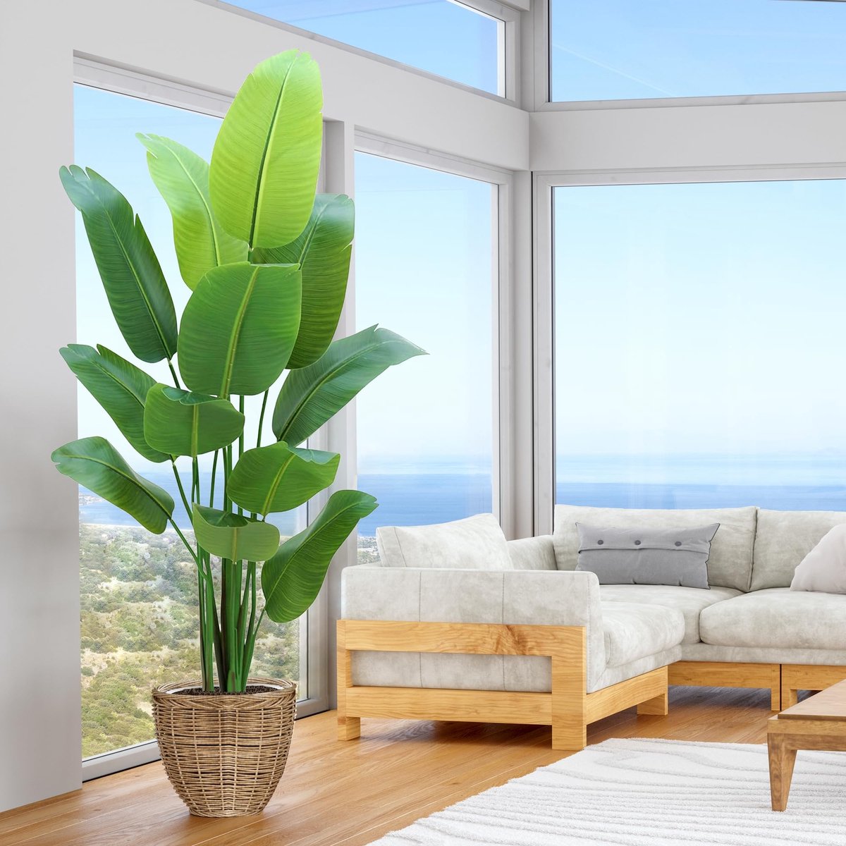 binnen, Faux olijfboom, palmboom & kunstmatige paradijsvogelplant, hoge nepplant met witte plantenbak voor huisdecoratie en housewarming cadeau (Paradijsvogel, 15 ft)