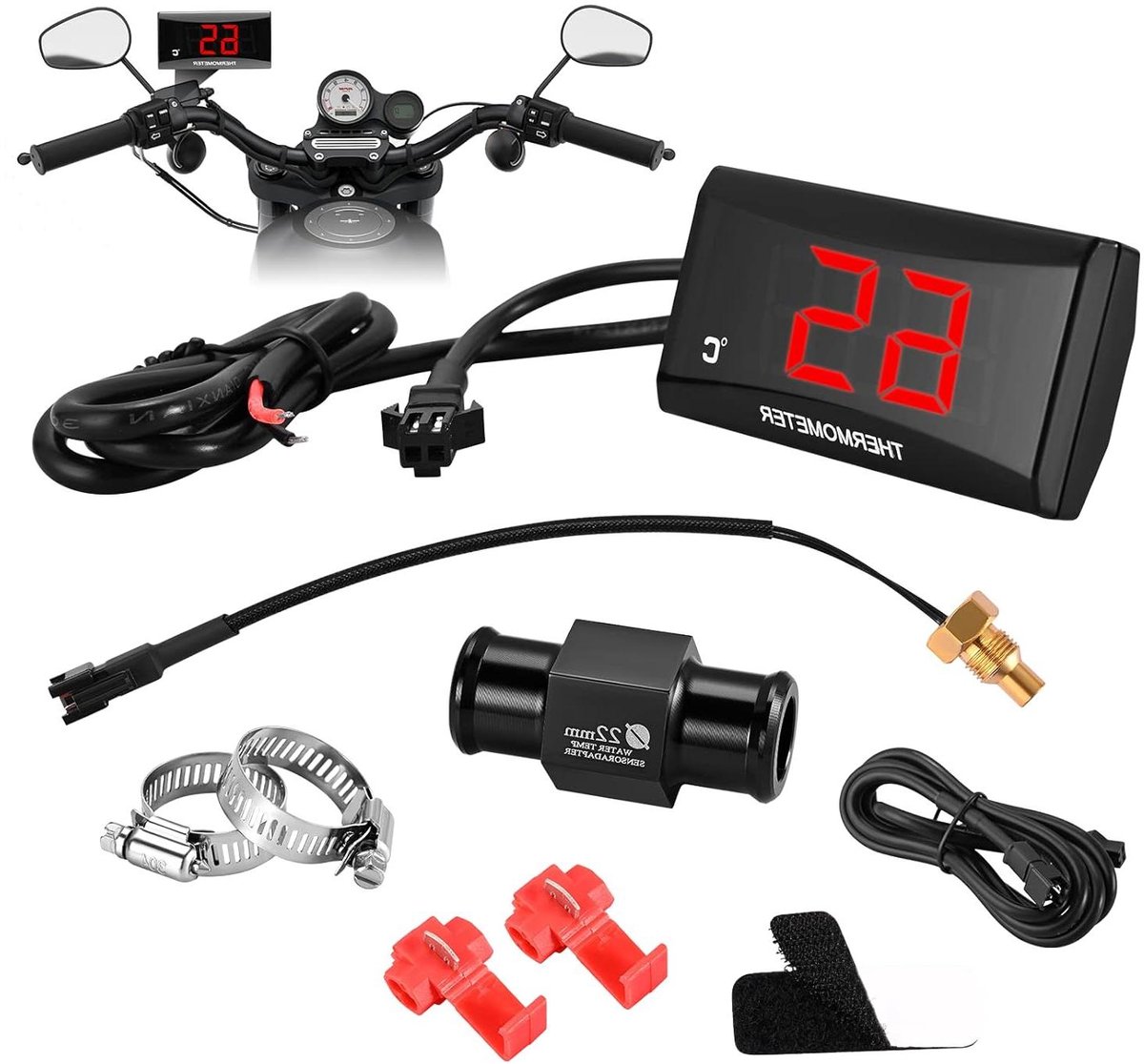 Digitale Thermometer Motor - Watertemperatuurmeter Motorfiets - Motor Temperatuur Monitoren - Waterdichte Metalen Sonde - 22 mm Adapter - Rood