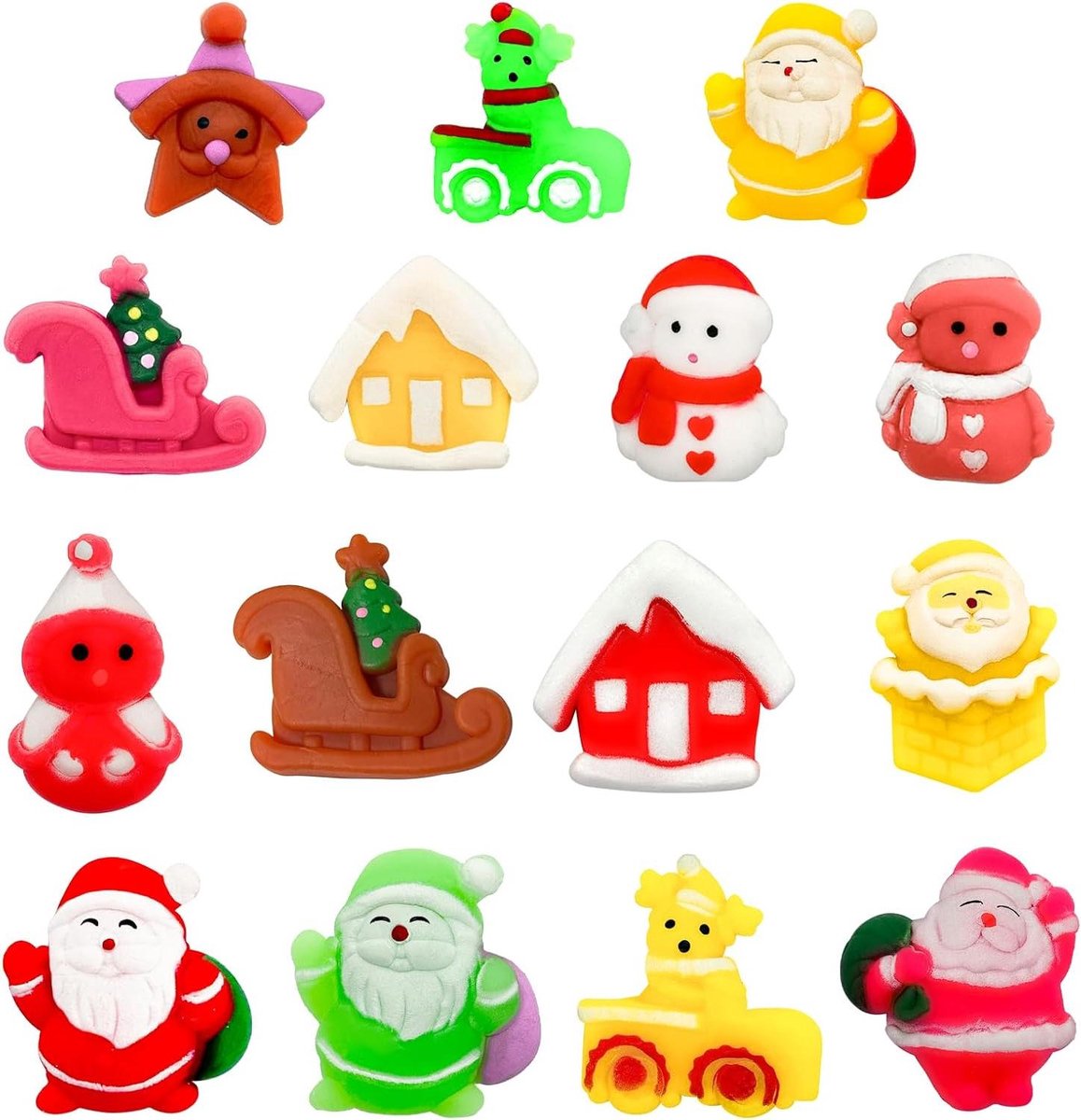 Kerst Mochi Squishy Speelgoed - Knijpspeeltjes Mini - Stressvermindering - 15 Verschillende Ontwerpen - 2.85 x 1.9 x 1 cm