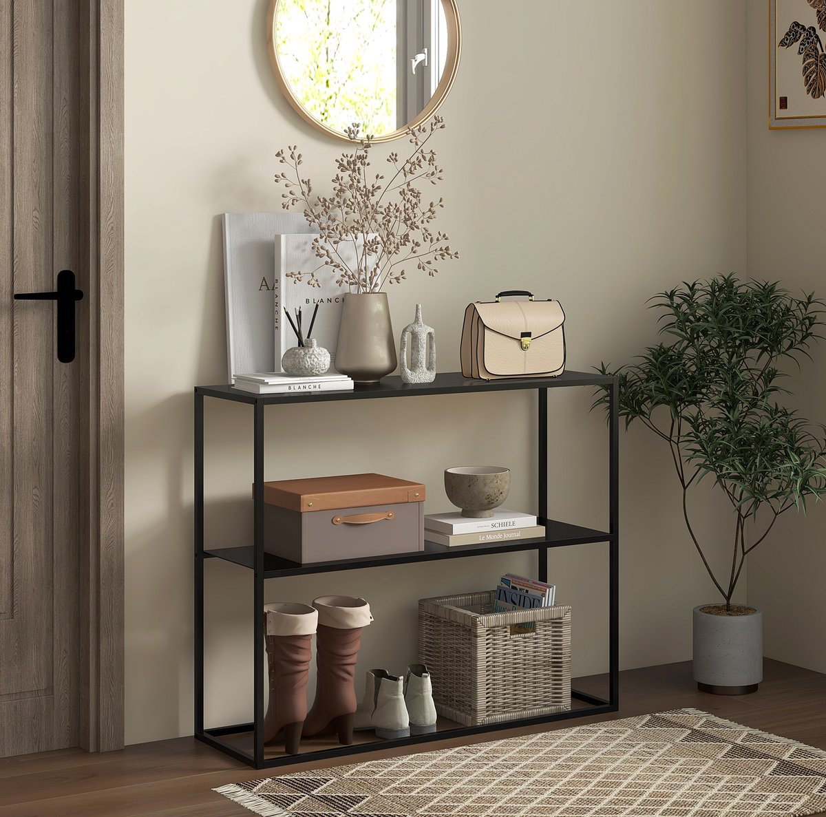 MEUNIQ Sidetable 90 x 30 x 75 cm met 2 open niveaus en kantelbeveiliging, stalen consoletafel voor hal, woonkamer of eetkamer, zwart