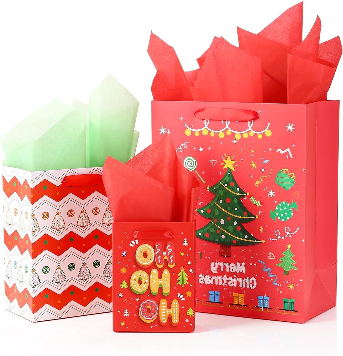 Kerst geschenkzakjes - Feestelijke tasjes - Cadeaus inpakken - Set van drie - 33x26 cm - Kerstkleuren