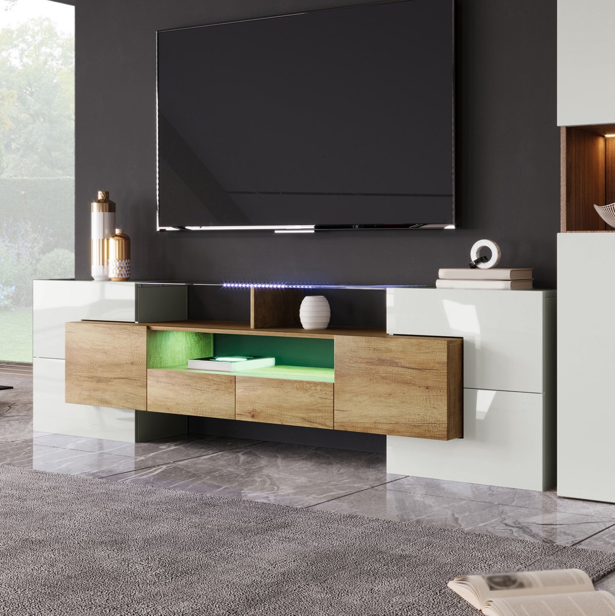 HAUSS SPOLE Dressoir - TV Meubel Met Ledverlichting En Opbergruimte - Voor Woonkamer - MDF En Spaanplaat - 200x35x60 Cm - Hoogglans Wit En Houtkleur