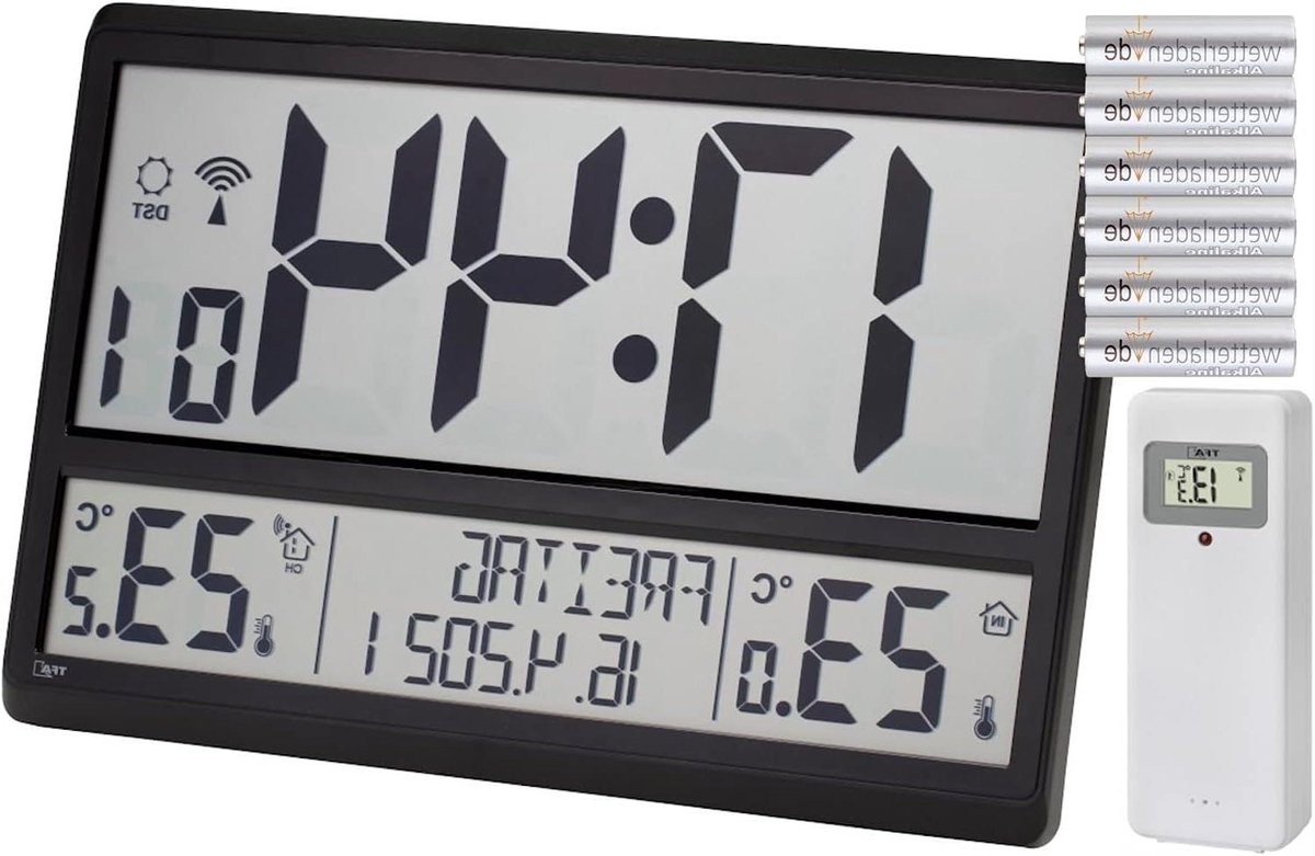 Digitale Wandklok XL - Radioklok Grote Cijfers - Tijd Weergeven - Met Binnen- en Buitentemperatuur - 36 cm - Zwart
