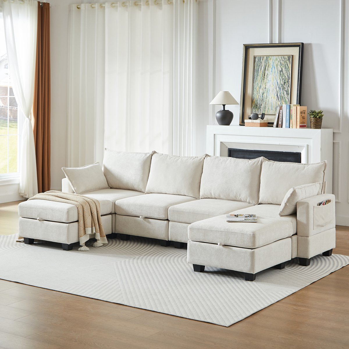 FloraGrace U-Bank - 6-Zits Modulaire Hoekbank Met Opbergruimte En Slaapfunctie - Voor Woonkamer - Chenille - Beige