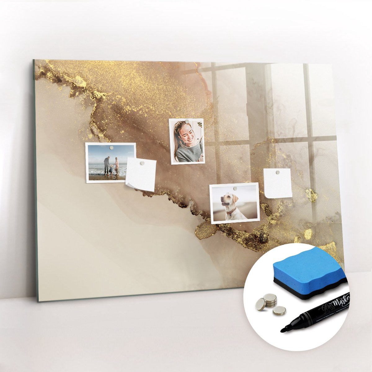 Tulup Whitebord - Gouden marmer - 100 x 70 cm - Geel Memo Bord - Gratis 5 Sterke Magneten + Whiteboard Marker & Wisser - Moderne Wanddecoratie - Memobord Glas - Organiseer Je Bureau