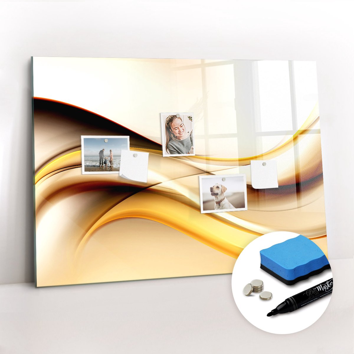 Tulup Whitebord - Abstracte golf - 100 x 70 cm - Geel Magneetbord Design - Gratis 5 Sterke Magneten + Whiteboard Marker & Wisser - Organizer Muur - Foto Magneetbord - Notitiebord Werkplek