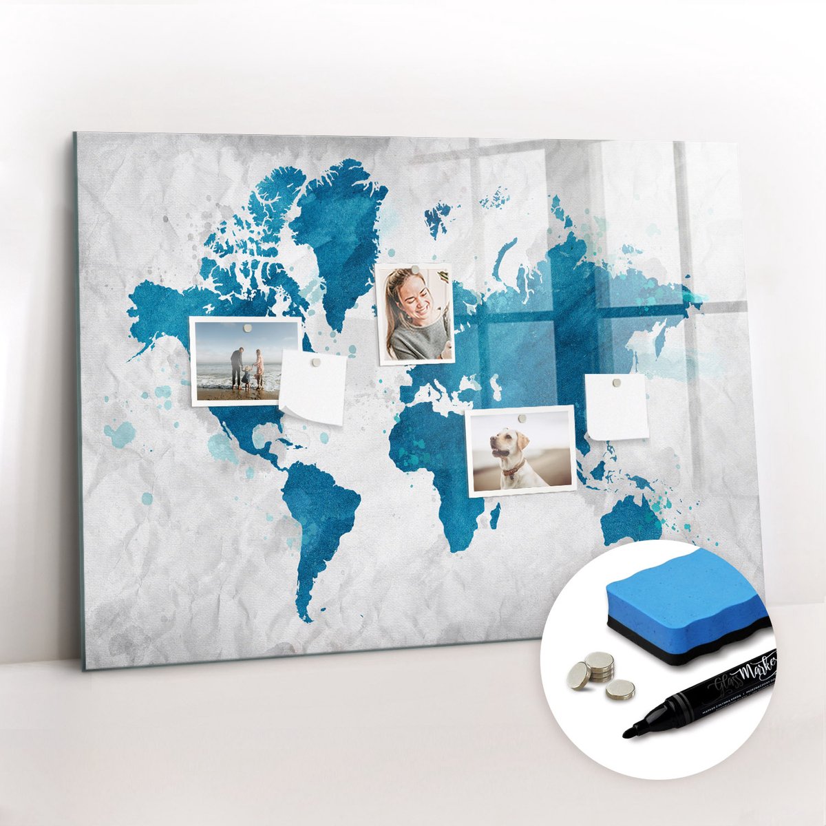 Tulup Whitebord - Wandatlas van de wereld - 100 x 70 cm - Blauw Magneetbord Keuken - Gratis 5 Sterke Magneten + Whiteboard Marker & Wisser - Stylish Memo Board - Magneetbord Rechthoekig - Planning Muur