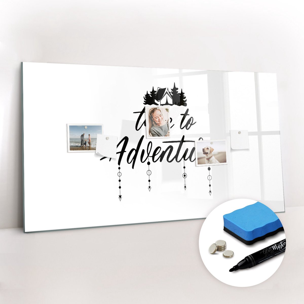 Tulup Whitebord - Tijd voor avontuur - 120 x 60 cm - Wit Metalen magneetborden met lijst - Gratis 5 Sterke Magneten + Whiteboard Marker & Wisser - Wanddecoratie Kantoor - Magneetbord Rechthoekig - Inspiratiebord Kantoor